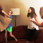 frustrated White mom and 3 kids_PillowFight_sm